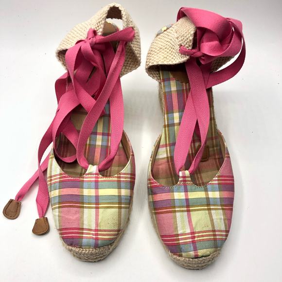 J.Crew Women's Pink Plaid Canvas Lace Up Wedges Size 9 - Picture 2 of 9